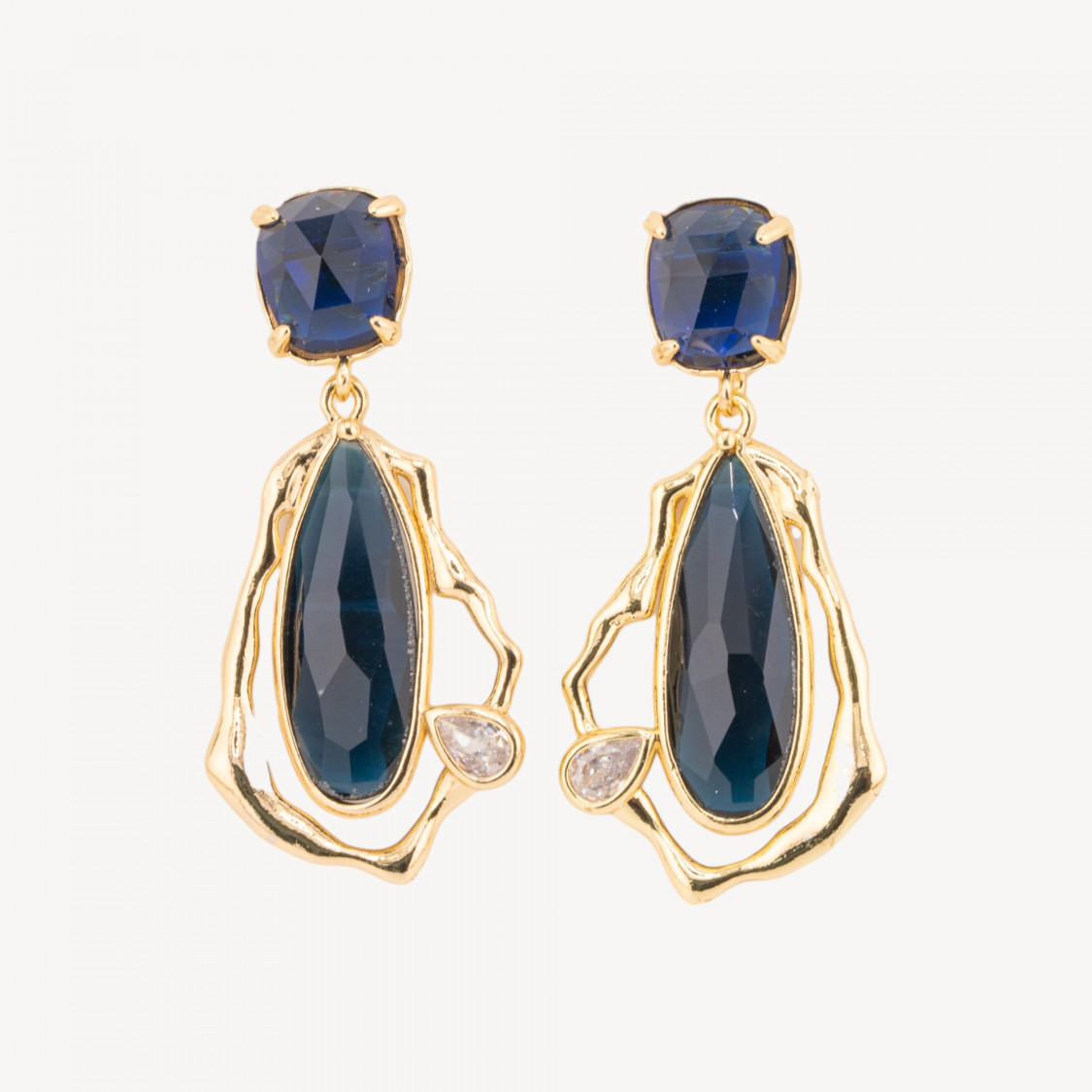 Orecchini Perno Di Bronzo Con Cristalli CZ e Occhio Di Gatto Galvanica Oro Blu Scuro-ORECCHINI MADE WITH STYLE | Worldofjewel.com