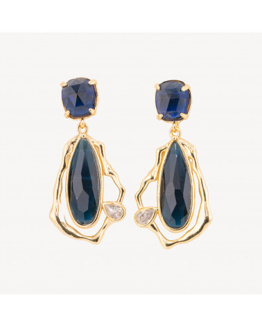 Orecchini Perno Di Bronzo Con Cristalli CZ e Occhio Di Gatto Galvanica Oro Blu Scuro-ORECCHINI MADE WITH STYLE | Worldofjewel.com