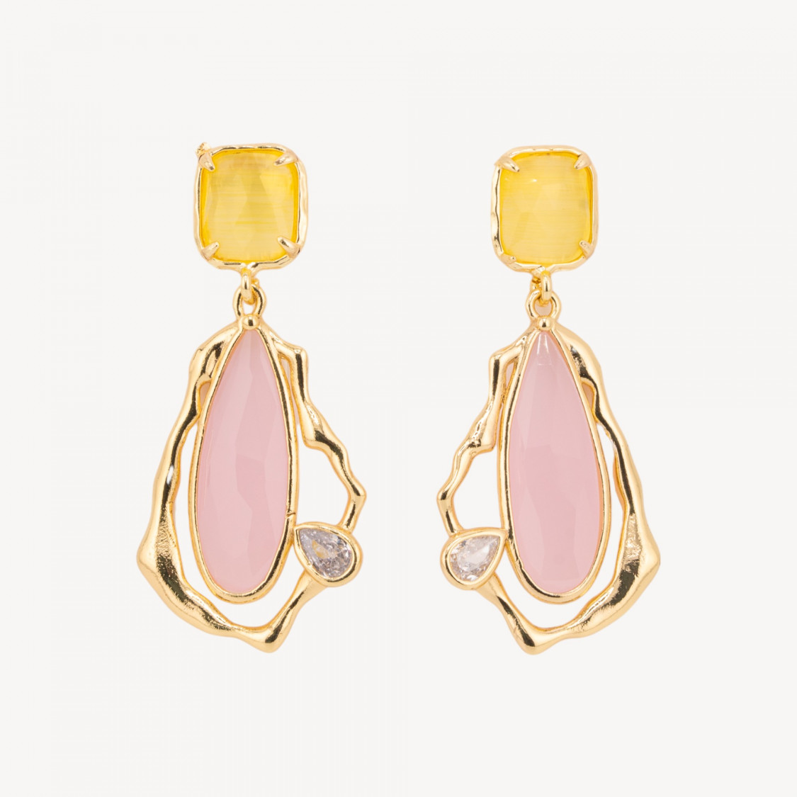 Orecchini Perno Di Bronzo Con Cristalli CZ e Occhio Di Gatto Galvanica Oro Giallo e Rosa-ORECCHINI MADE WITH STYLE | Worldofjewel.com