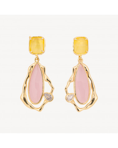 Orecchini Perno Di Bronzo Con Cristalli CZ e Occhio Di Gatto Galvanica Oro Giallo e Rosa-ORECCHINI MADE WITH STYLE | Worldofjewel.com
