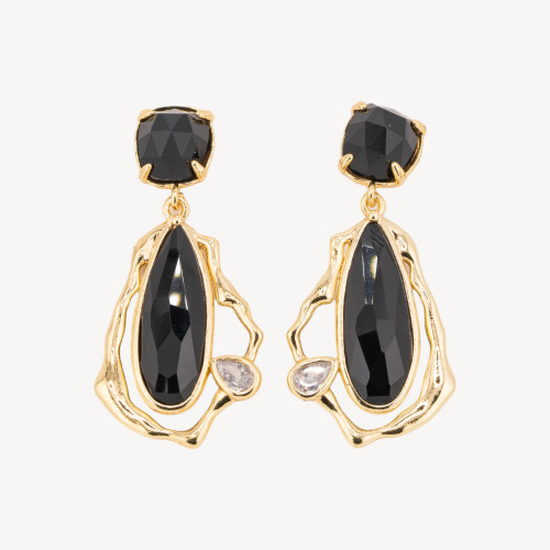 Pendientes de bronce con cristales de circonita y ojo de gato bañados en oro negro.