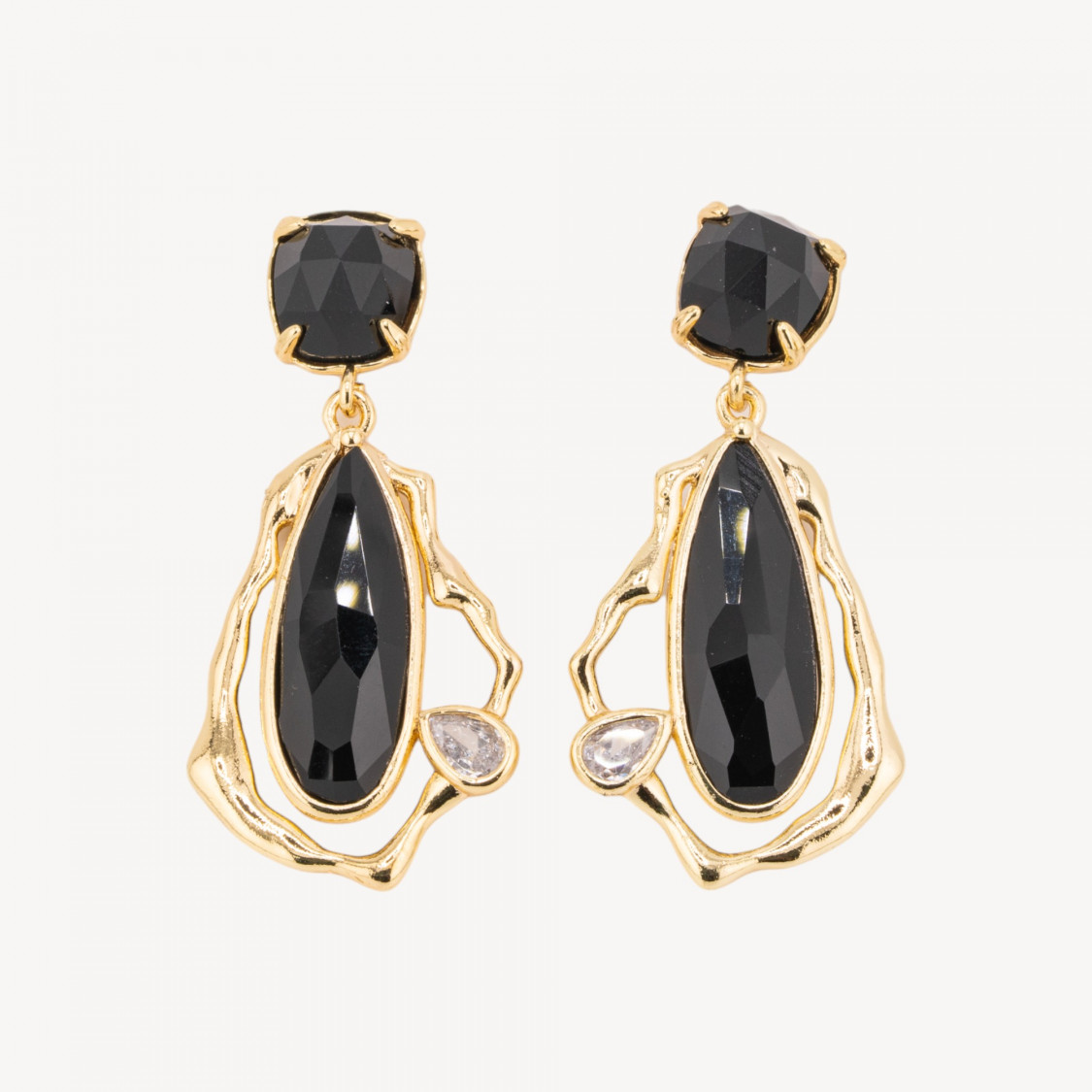 Orecchini Perno Di Bronzo Con Cristalli CZ e Occhio Di Gatto Galvanica Oro Nero-ORECCHINI MADE WITH STYLE | Worldofjewel.com