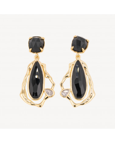 Orecchini Perno Di Bronzo Con Cristalli CZ e Occhio Di Gatto Galvanica Oro Nero-ORECCHINI MADE WITH STYLE | Worldofjewel.com