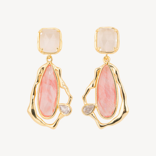 Pendientes de bronce con cristales de circonita y ojo de gato bañados en oro rosa y blanco.