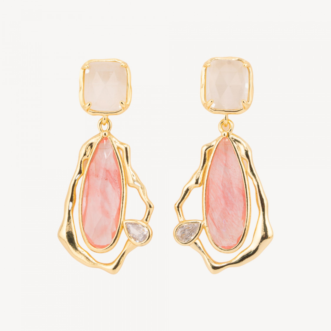 Orecchini Perno Di Bronzo Con Cristalli CZ e Occhio Di Gatto Galvanica Oro Rosa e Bianco-ORECCHINI MADE WITH STYLE | Worldofjewel.com