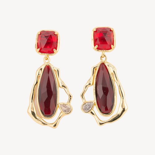 Pendientes de bronce con cristales de circonita cúbica y ojo de gato en baño de oro rojo rubí