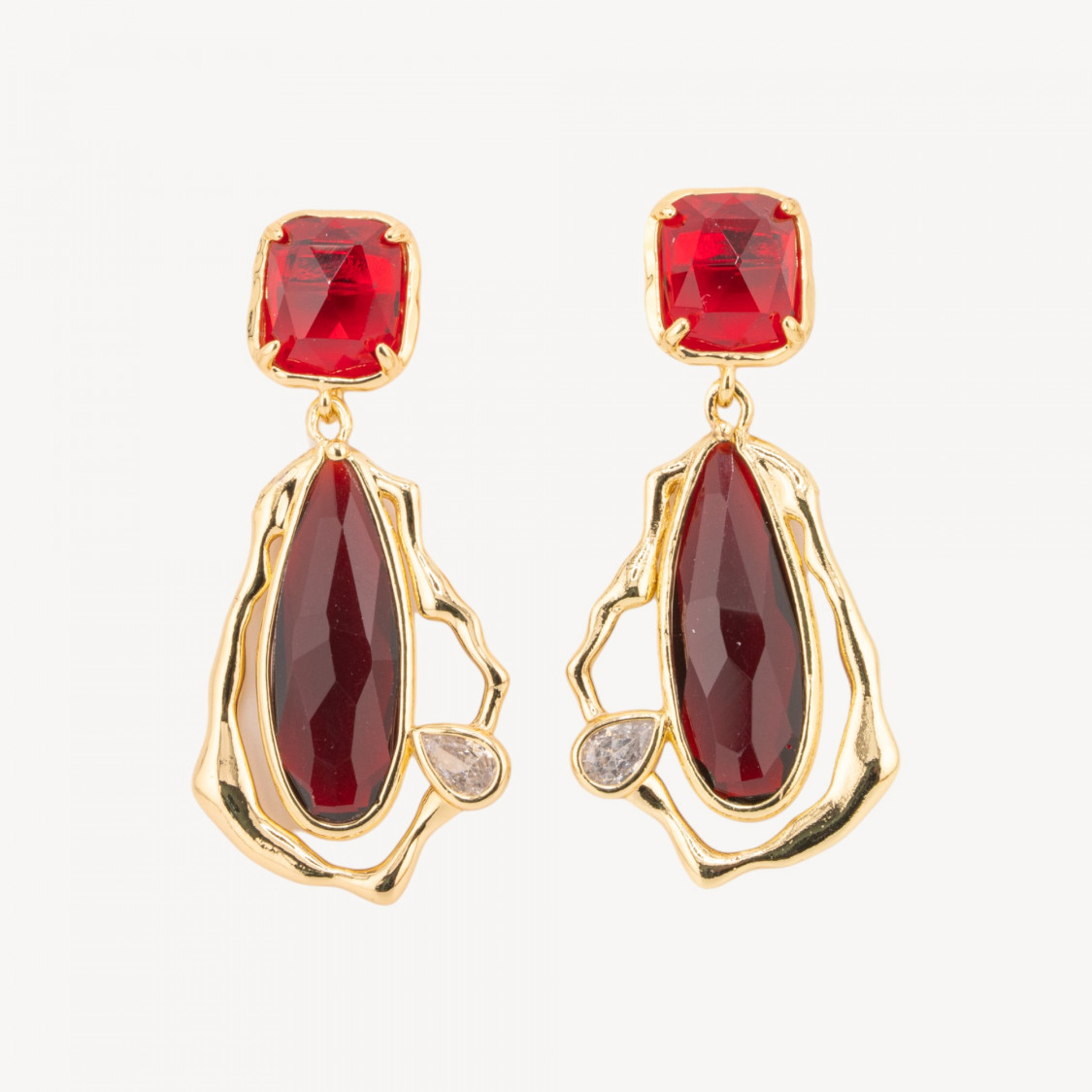 Orecchini Perno Di Bronzo Con Cristalli CZ e Occhio Di Gatto Galvanica Oro Rosso Ruby-ORECCHINI MADE WITH STYLE | Worldofjewel.com