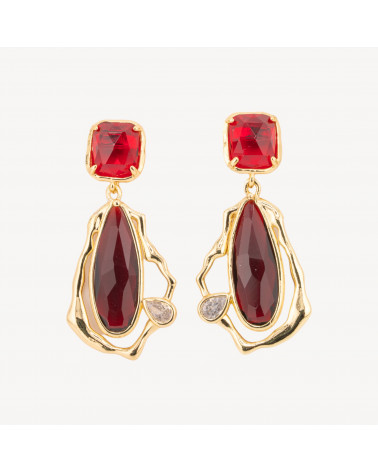 Orecchini Perno Di Bronzo Con Cristalli CZ e Occhio Di Gatto Galvanica Oro Rosso Ruby-ORECCHINI MADE WITH STYLE | Worldofjewel.com