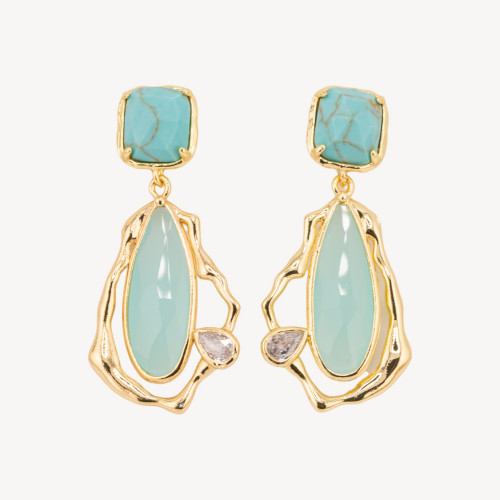 Boucles d'oreilles puces en bronze avec cristaux CZ et turquoise œil-de-chat plaquée or