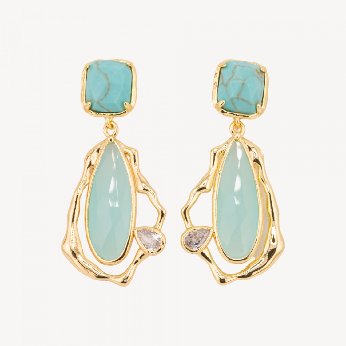 Orecchini Perno Di Bronzo Con Cristalli CZ e Occhio Di Gatto Galvanica Oro Turchese-ORECCHINI MADE WITH STYLE | Worldofjewel.com