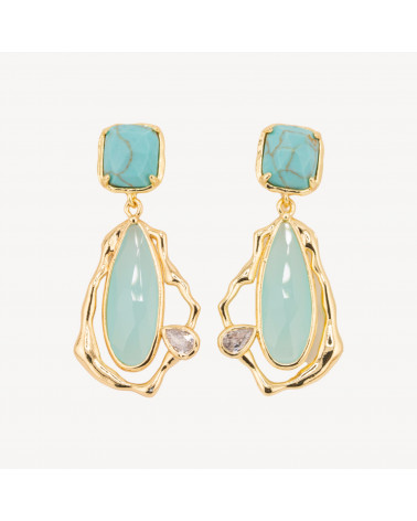 Orecchini Perno Di Bronzo Con Cristalli CZ e Occhio Di Gatto Galvanica Oro Turchese-ORECCHINI MADE WITH STYLE | Worldofjewel.com