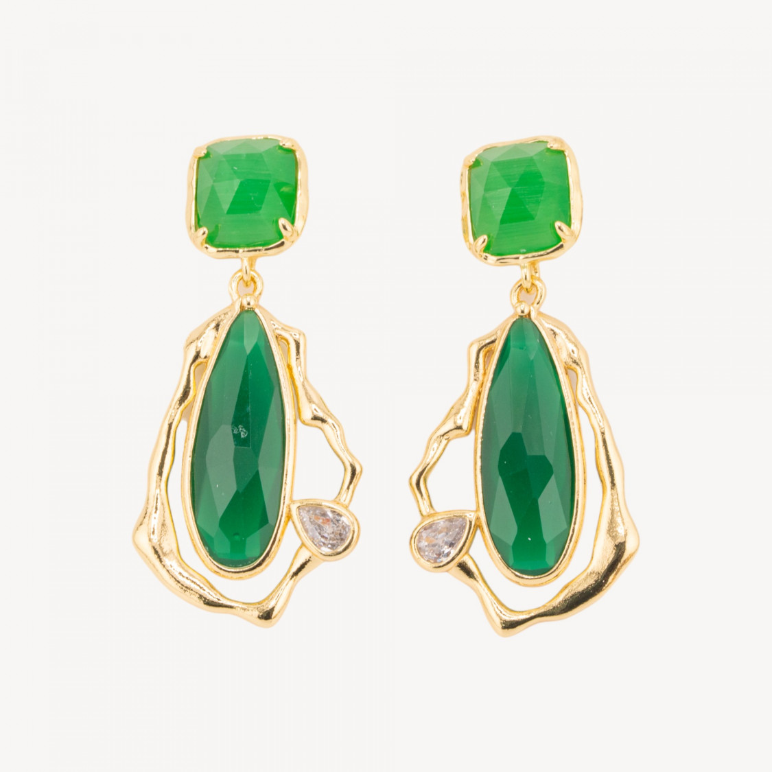 Orecchini Perno Di Bronzo Con Cristalli CZ e Occhio Di Gatto Galvanica Oro Verde-ORECCHINI MADE WITH STYLE | Worldofjewel.com