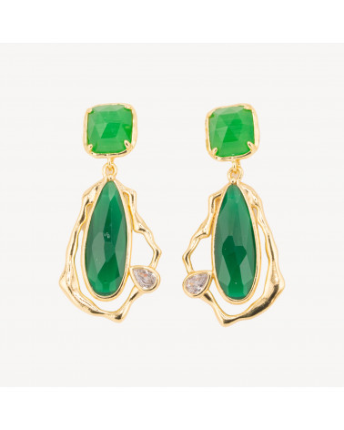 Orecchini Perno Di Bronzo Con Cristalli CZ e Occhio Di Gatto Galvanica Oro Verde-ORECCHINI MADE WITH STYLE | Worldofjewel.com