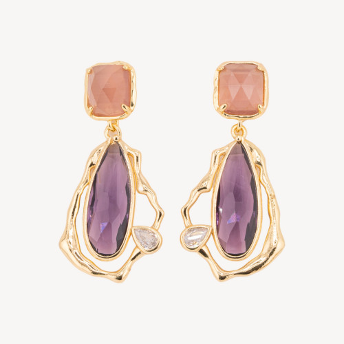 Bronze Stud Earrings with CZ Crystals and Cat's Eye in Purple Gold Plating