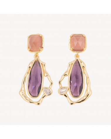 Orecchini Perno Di Bronzo Con Cristalli CZ e Occhio Di Gatto Galvanica Oro Viola-ORECCHINI MADE WITH STYLE | Worldofjewel.com