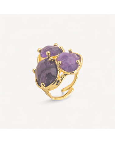 Anello Di Bronzo Collezione AURORA Con 3 Pietre Naturali 27x34mm Disegno Floreale Misura Regolabile Dorato Ametista-ANELLI BIJOUX DONNA AURORA BEST SELLER | Worldofjewel.com