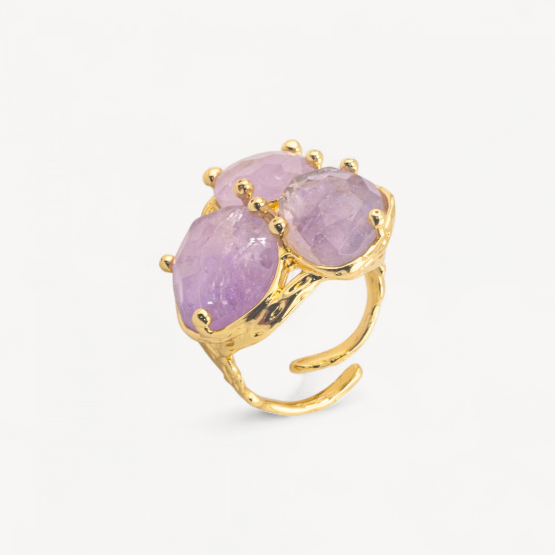 Bronzering aus der AURORA-Kollektion mit 3 Natursteinen, 27 x 34 mm, florales Design, verstellbare Größe, Gold, Amethyst, Lavend-AURORA DAMEN-SCHMUCKRINGE – MEISTVERKAUFTE RINGE | Worldofjewel.com