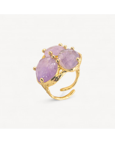 Anello Di Bronzo Collezione AURORA Con 3 Pietre Naturali 27x34mm Disegno Floreale Misura Regolabile Dorato Ametista Lavanda-ANELLI BIJOUX DONNA AURORA BEST SELLER | Worldofjewel.com