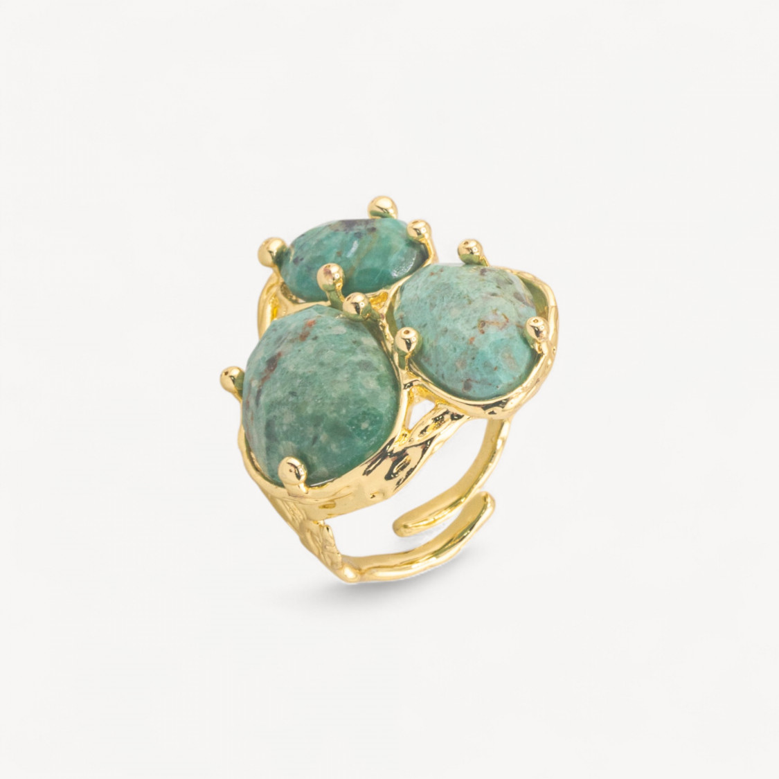 Bronzering aus der AURORA-Kollektion mit 3 Natursteinen (27 x 34 mm), floralem Design, verstellbarer Größe, Gold, afrikanischer -AURORA DAMEN-SCHMUCKRINGE – MEISTVERKAUFTE RINGE | Worldofjewel.com