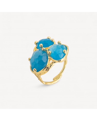 Anello Di Bronzo Collezione AURORA Con 3 Pietre Naturali 27x34mm Disegno Floreale Misura Regolabile Dorato Giada Celeste-ANELLI BIJOUX DONNA AURORA BEST SELLER | Worldofjewel.com