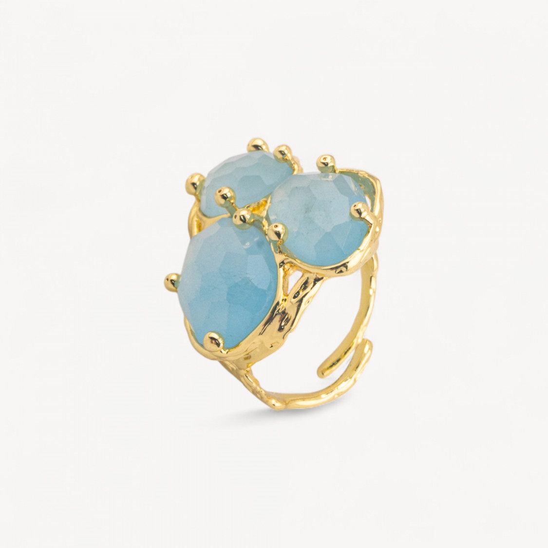 Anello Di Bronzo Collezione AURORA Con 3 Pietre Naturali 27x34mm Disegno Floreale Misura Regolabile Dorato Giada Celeste Chiaro-ANELLI BIJOUX DONNA AURORA BEST SELLER | Worldofjewel.com