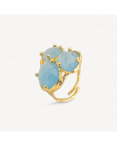 Anello Di Bronzo Collezione AURORA Con 3 Pietre Naturali 27x34mm Disegno Floreale Misura Regolabile Dorato Giada Celeste Chiaro-ANELLI BIJOUX DONNA AURORA BEST SELLER | Worldofjewel.com
