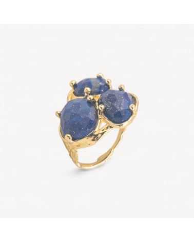 Anello Di Bronzo Collezione AURORA Con 3 Pietre Naturali 27x34mm Disegno Floreale Misura Regolabile Dorato Lapislazzuli-ANELLI BIJOUX DONNA AURORA BEST SELLER | Worldofjewel.com