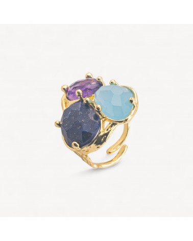 Anello Di Bronzo Collezione AURORA Con 3 Pietre Naturali 27x34mm Disegno Floreale Misura Regolabile Dorato Misto-ANELLI BIJOUX DONNA AURORA BEST SELLER | Worldofjewel.com
