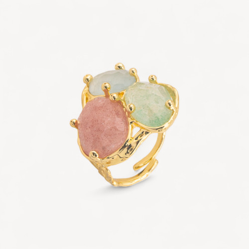 Bronze Ring Aurora Collection With 3 Natural Stones 27x34mm Floral Design Adjustable Size Gold Mix3