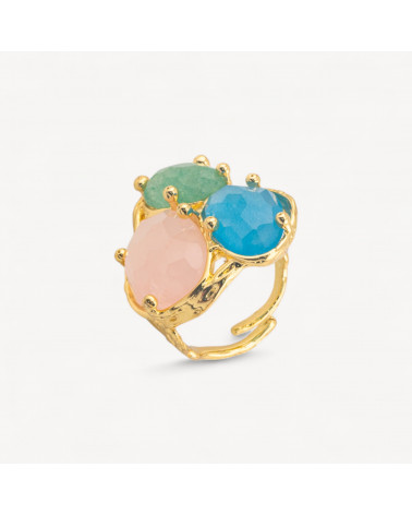 Anello Di Bronzo Collezione AURORA Con 3 Pietre Naturali 27x34mm Disegno Floreale Misura Regolabile Dorato Mix4-ANELLI BIJOUX DONNA AURORA BEST SELLER | Worldofjewel.com