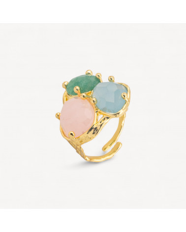 Anello Di Bronzo Collezione AURORA Con 3 Pietre Naturali 27x34mm Disegno Floreale Misura Regolabile Dorato Mix5-ANELLI BIJOUX DONNA AURORA BEST SELLER | Worldofjewel.com