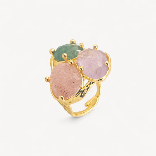 Bague en bronze de la collection Aurora avec 3 pierres naturelles 27x34mm, motif floral, taille ajustable, couleur or Mix6