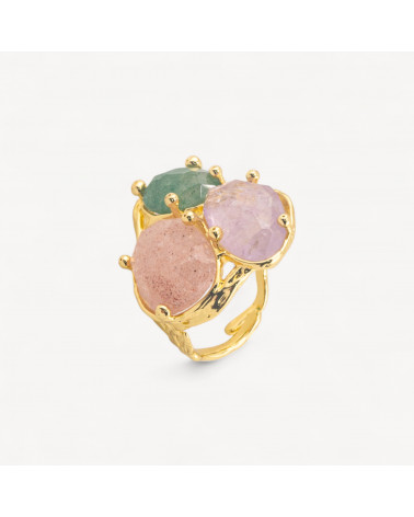Anello Di Bronzo Collezione AURORA Con 3 Pietre Naturali 27x34mm Disegno Floreale Misura Regolabile Dorato Mix6-ANELLI BIJOUX DONNA AURORA BEST SELLER | Worldofjewel.com