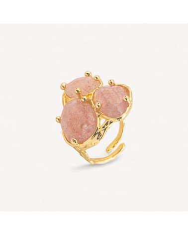 Anello Di Bronzo Collezione AURORA Con 3 Pietre Naturali 27x34mm Disegno Floreale Misura Regolabile Dorato Quarzo Fragola-ANELLI BIJOUX DONNA AURORA BEST SELLER | Worldofjewel.com