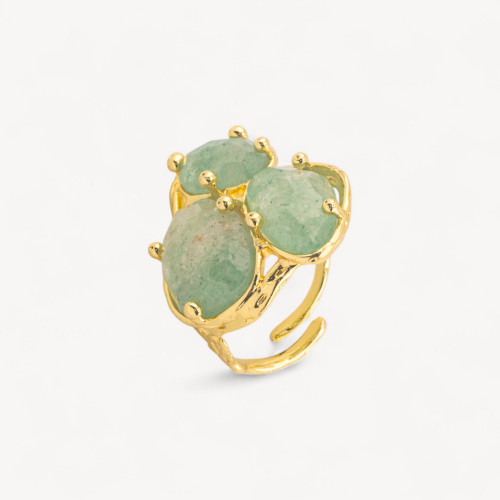 Anillo de Bronce Colección AURORA con 3 Piedras Naturales 27x34mm Diseño Floral Talla Ajustable Cuarzo Fresa Verde Dorado
