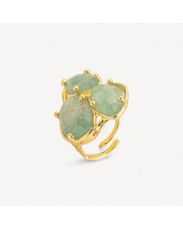 Anello Di Bronzo Collezione AURORA Con 3 Pietre Naturali 27x34mm Disegno Floreale Misura Regolabile Dorato Quarzo Fragola Verde-ANELLI BIJOUX DONNA AURORA BEST SELLER | Worldofjewel.com