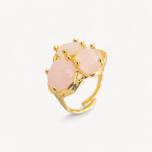 Bague en bronze de la collection AURORA avec 3 pierres naturelles (27 x 34 mm), motif floral, taille ajustable, quartz rose doré