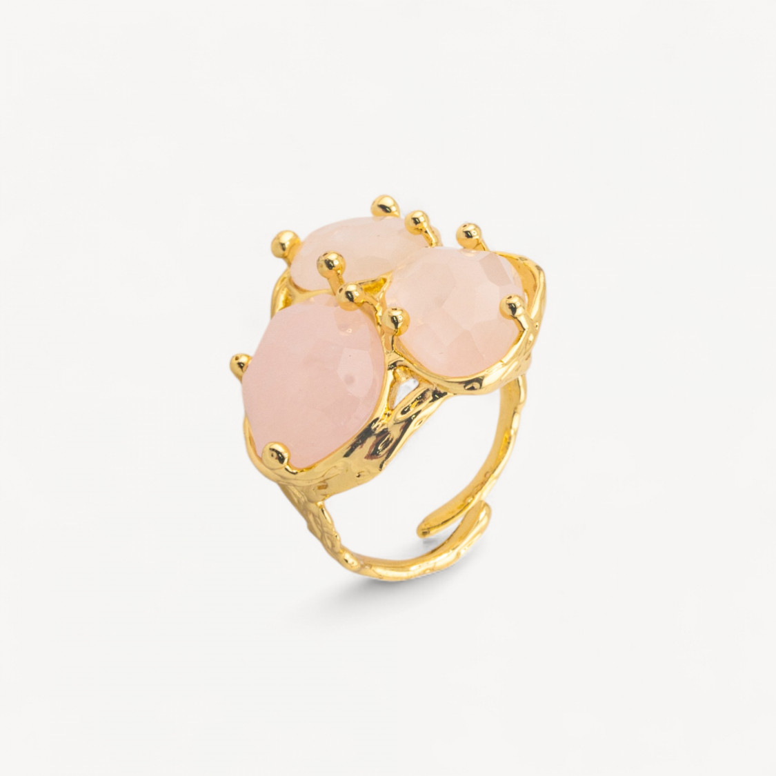 Anello Di Bronzo Collezione AURORA Con 3 Pietre Naturali 27x34mm Disegno Floreale Misura Regolabile Dorato Quarzo Rosa-ANELLI BIJOUX DONNA AURORA BEST SELLER | Worldofjewel.com