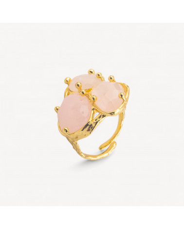 Anello Di Bronzo Collezione AURORA Con 3 Pietre Naturali 27x34mm Disegno Floreale Misura Regolabile Dorato Quarzo Rosa-ANELLI BIJOUX DONNA AURORA BEST SELLER | Worldofjewel.com