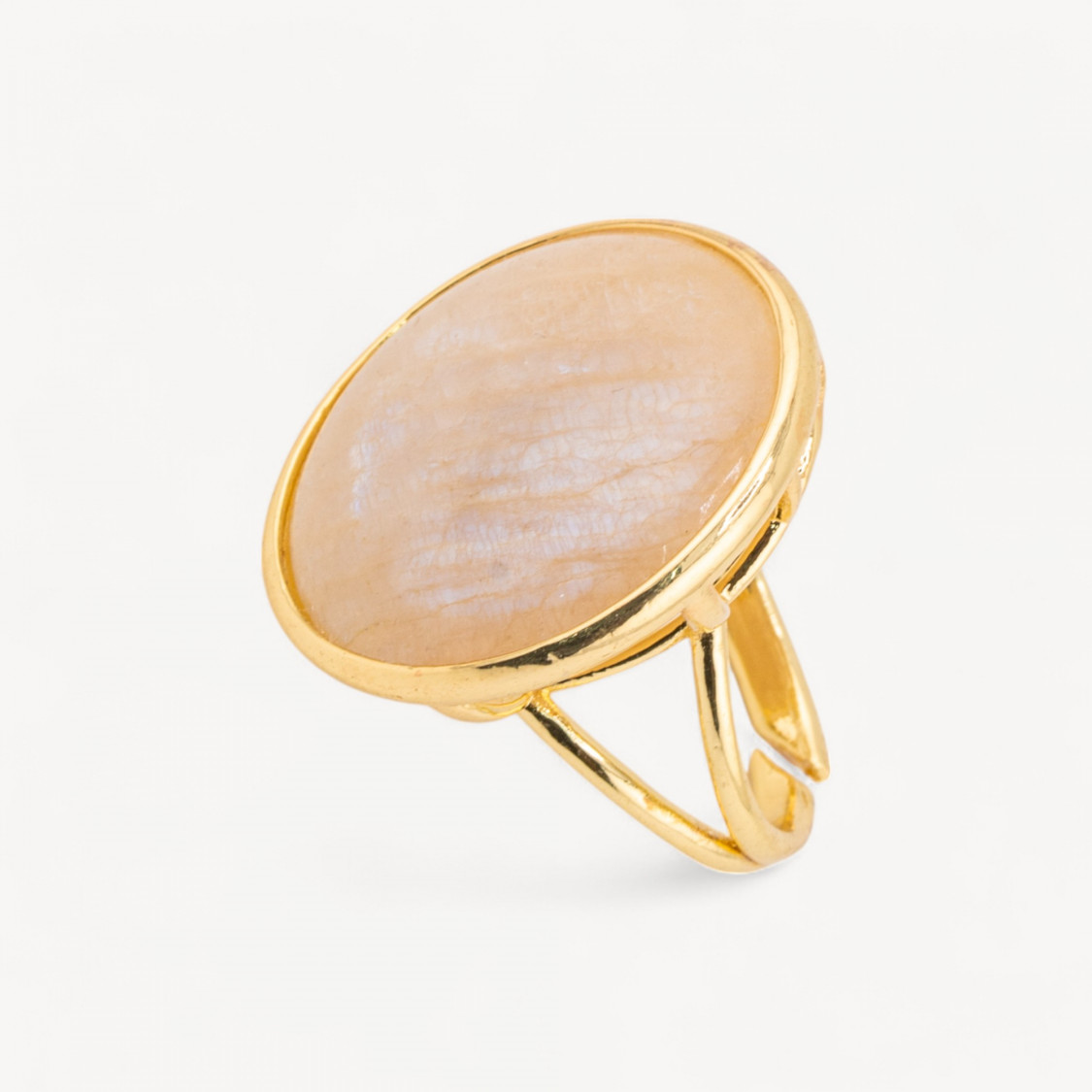 Anello Di Bronzo Con Pietra Naturale Incastonato Tondo Liscio 26mm Dorato Labradorite Bianco-ANELLI BRONZO CON PIETRE INCASTONATE | Worldofjewel.com
