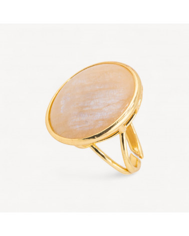 Anello Di Bronzo Con Pietra Naturale Incastonato Tondo Liscio 26mm Dorato Labradorite Bianco-ANELLI BRONZO CON PIETRE INCASTONATE | Worldofjewel.com