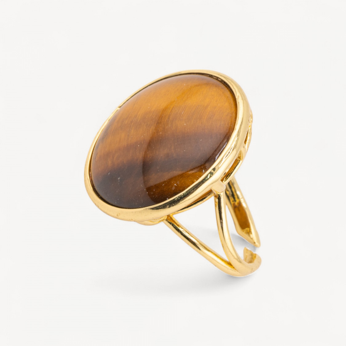 Anello Di Bronzo Con Pietra Naturale Incastonato Tondo Liscio 26mm Dorato Occhio Di Tigre-ANELLI BRONZO CON PIETRE INCASTONATE | Worldofjewel.com