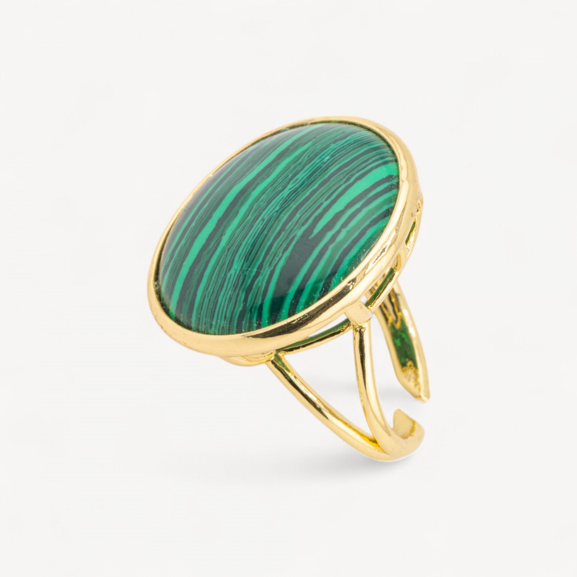 Anello Di Bronzo Con Pietra Naturale Incastonato Tondo Liscio 26mm Dorato Pasta Di Malachite-ANELLI BRONZO CON PIETRE INCASTONATE | Worldofjewel.com