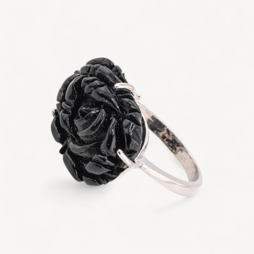 Ring mit Blume aus Bronze und Kunstharz, 22 x 16 mm, MOD1, Schwarz