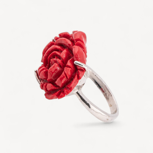 Ring aus Bronze und Kunstharz mit Blume, 22 x 16 mm, MOD1, Rot