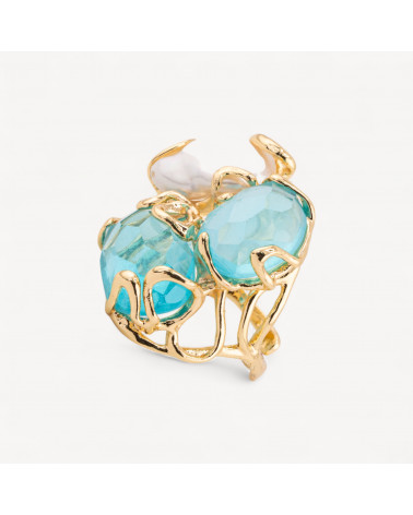 Anello Regolabile in Bronzo Dorato Collezione AURORA con Occhio Di Gatto Con Perle Di Fiume Cristallo Di Rocca Azzurro | Gioie-ANELLI BIJOUX DONNA AURORA BEST SELLER | Worldofjewel.com