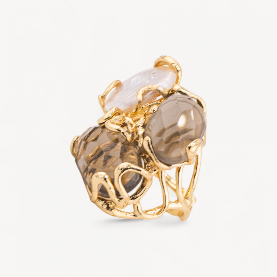 Anello Regolabile in Bronzo Dorato Collezione AURORA con Occhio Di Gatto Con Perle Di Fiume Fume'| Gioiello Artigianale Donna -ANELLI BIJOUX DONNA AURORA BEST SELLER | Worldofjewel.com