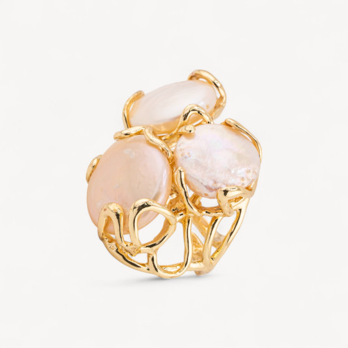 Adjustable Ring in Gilded Bronze from the Aurora Collection with Pink River Pearls | Handcrafted Women's Jewelry 32x36mm