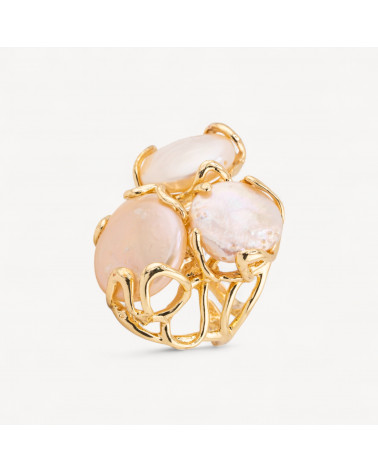 Anello Regolabile in Bronzo Dorato Collezione AURORA con Perle Di Fiume Rosa | Gioiello Artigianale Donna 32x36mm-ANELLI BIJOUX DONNA AURORA BEST SELLER | Worldofjewel.com