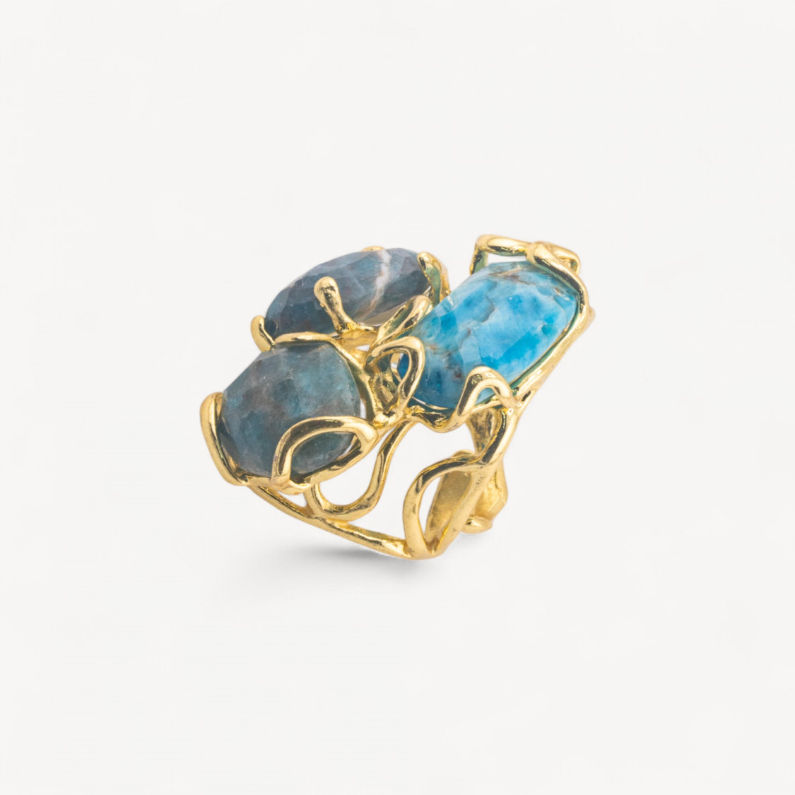 Anello Regolabile in Bronzo Dorato Collezione AURORA con Pietre Dure Apatite Chiaro | Gioiello Artigianale Donna 32x36mm-ANELLI BIJOUX DONNA AURORA BEST SELLER | Worldofjewel.com